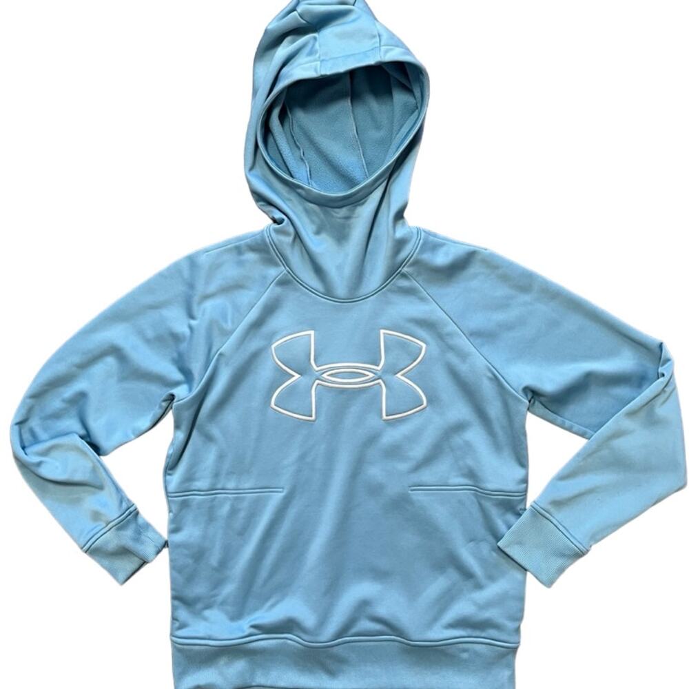 UNDER ARMOUR ColdGear Fleece Lined Big Logo High Neck Hoodie in Sky blue SZ M